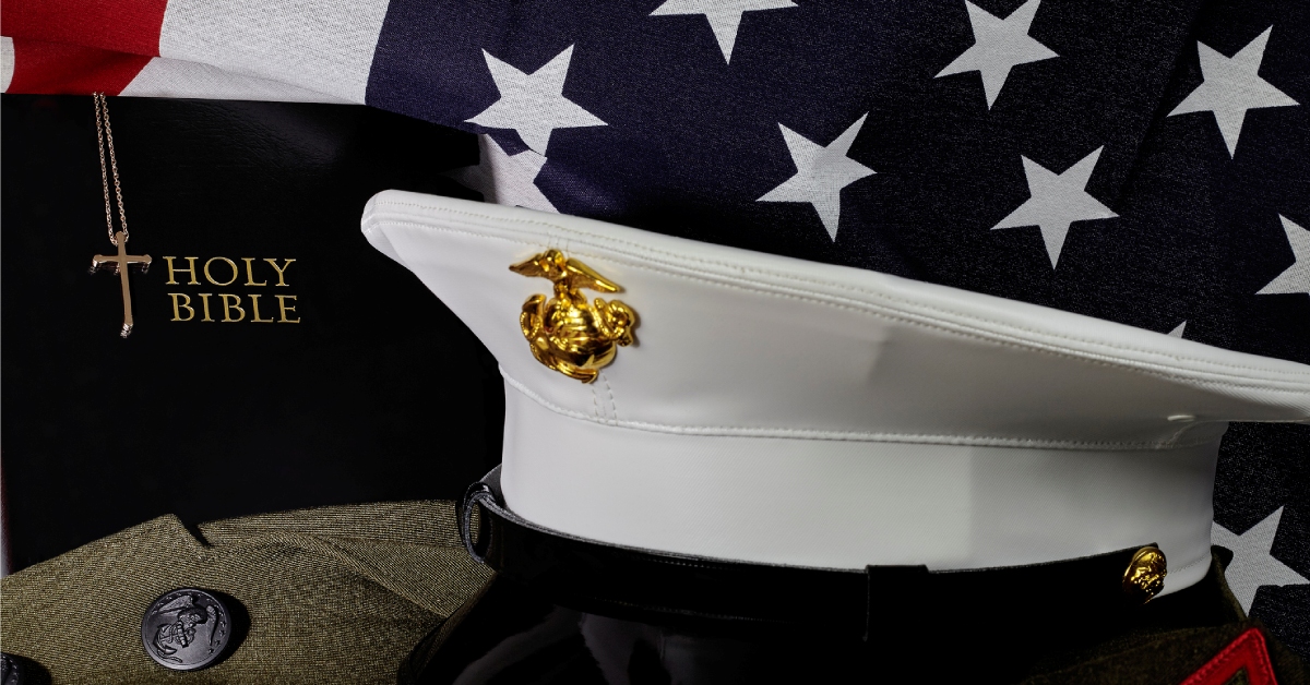 American Flag, marine hat, bible on table